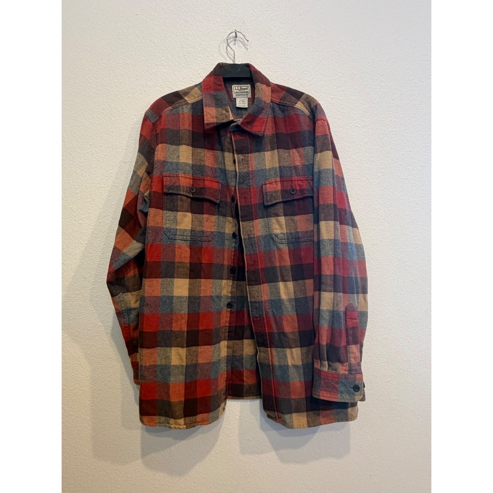LL Bean Traditional Fit Flannel Plaid Shirt Mens Medium Red Brown 277981